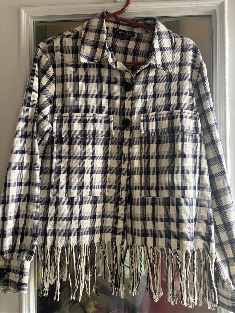 Renuar Navy and White Plaid Fringe Button-Up Jacket